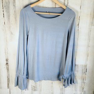 NWOT Three Dots Tie Cuff Bow Detail Long Sleeve Blue Knit Top Tee